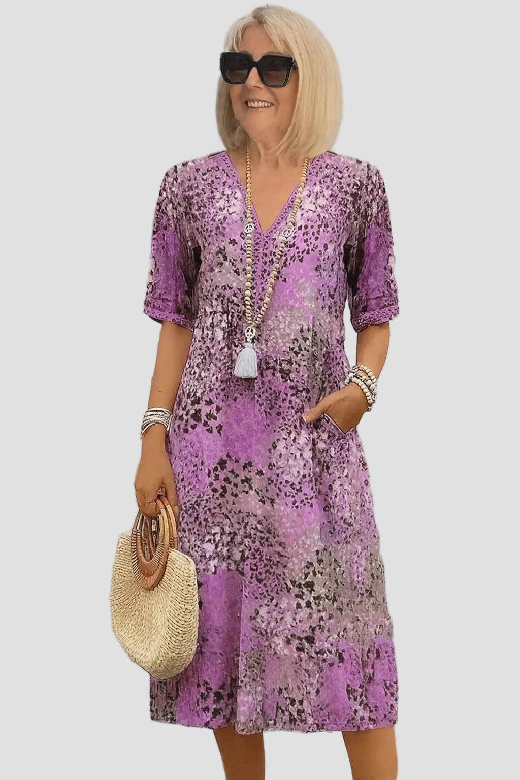 Dames midi-jurk bohemien losvallend met V-hals voor de zomer