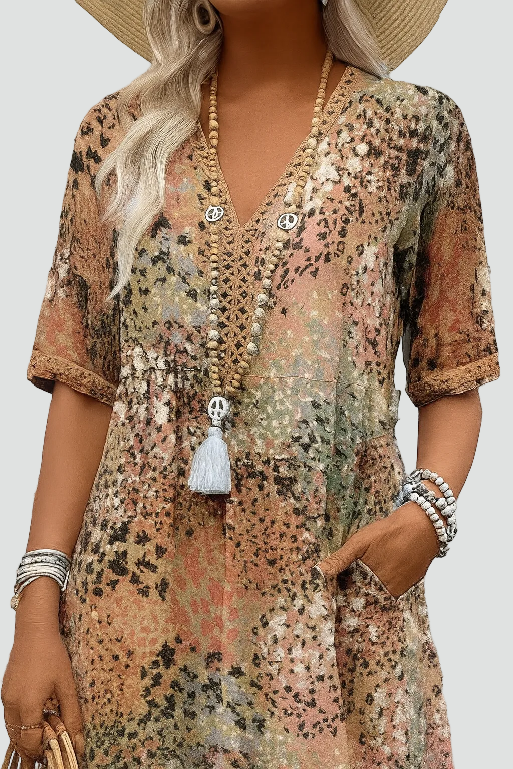 Dames midi-jurk bohemien losvallend met V-hals voor de zomer