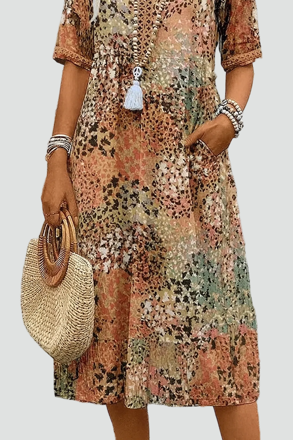 Dames midi-jurk bohemien losvallend met V-hals voor de zomer