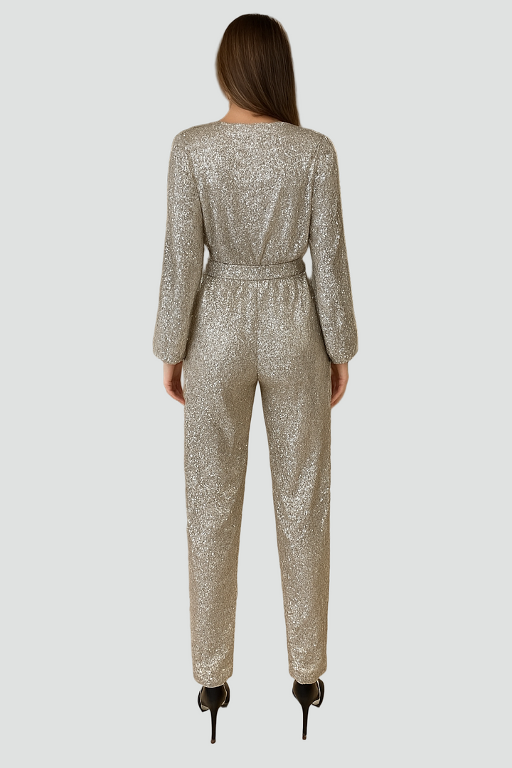 Glittery women's party jumpsuit with belt
