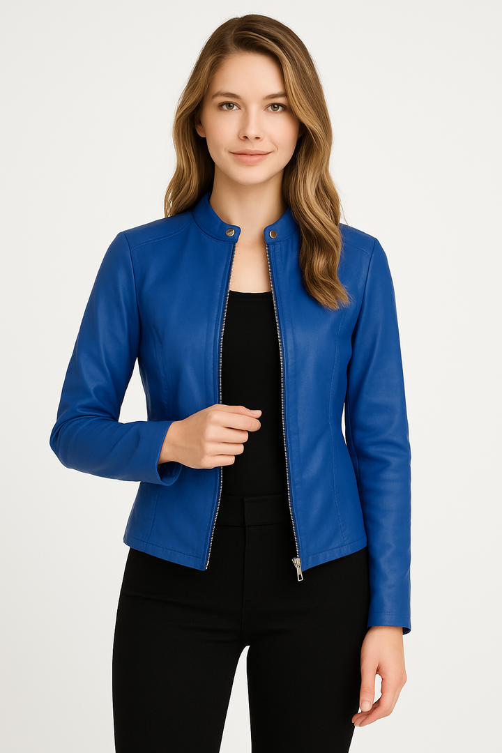 Krótka damska kurtka z ekoskóry na zamek