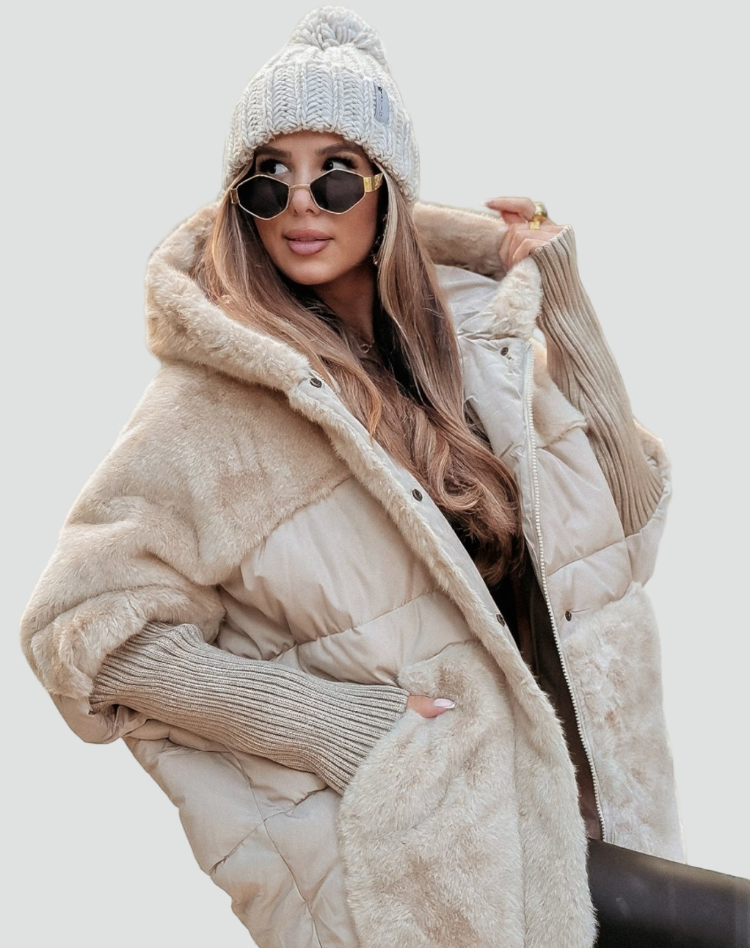 Ciepła pikowana damska kurtka zimowa z kapturem i teddy