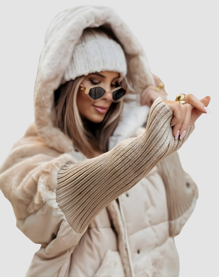 Ciepła pikowana damska kurtka zimowa z kapturem i teddy