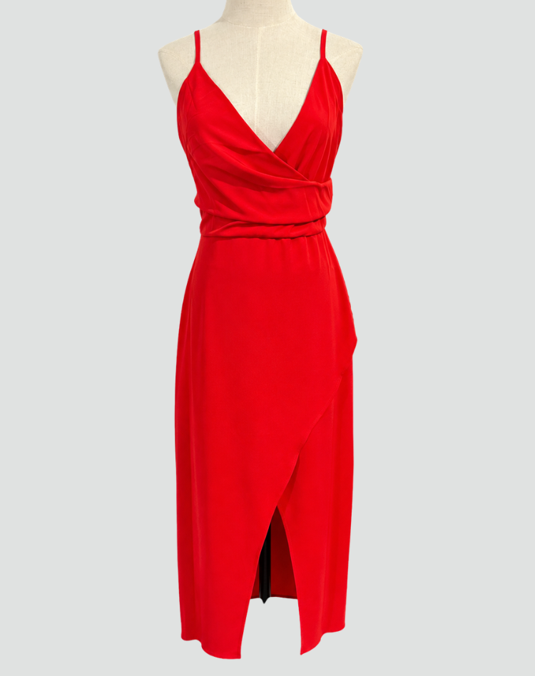 Satin cocktail dress with straps and slit