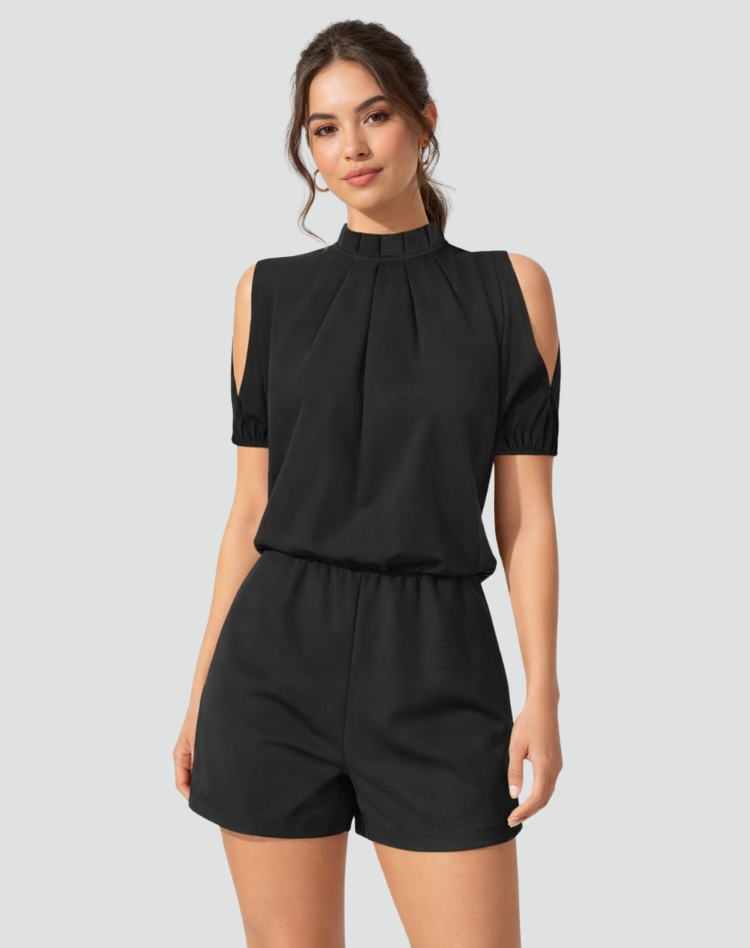 Black elegant dress blouse with exposed shoulders and a stand-up collar