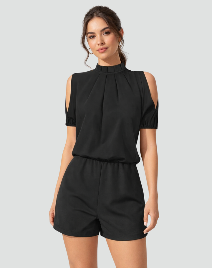 Black elegant dress blouse with exposed shoulders and a stand-up collar