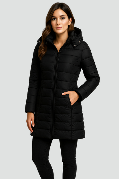 Czarna pikowana kurtka puffer zimowa damska z kapturem