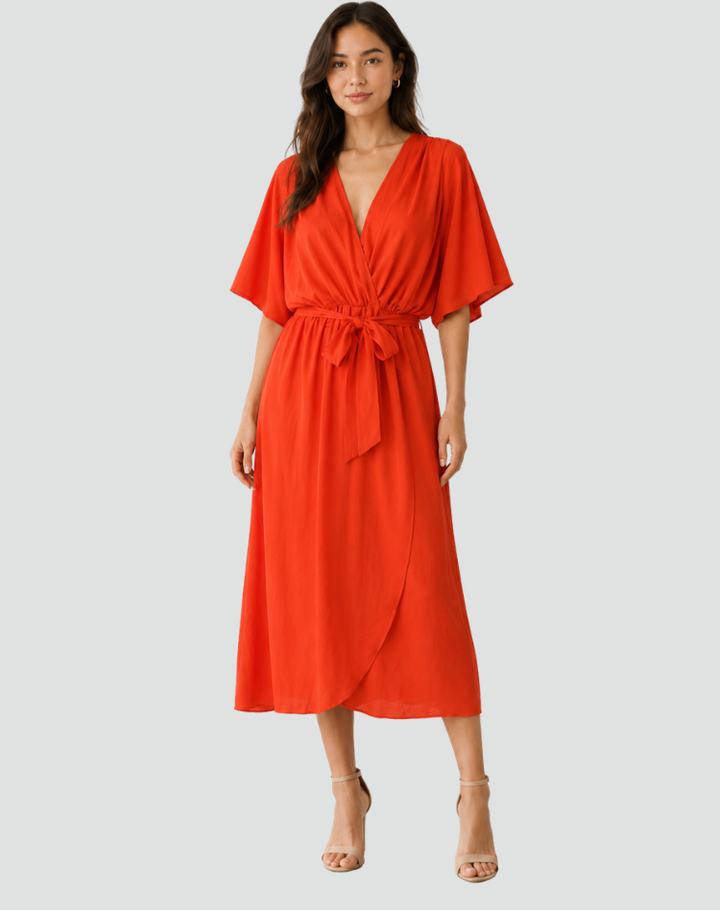 Flowy midi gala dress with a wrap neckline and tie