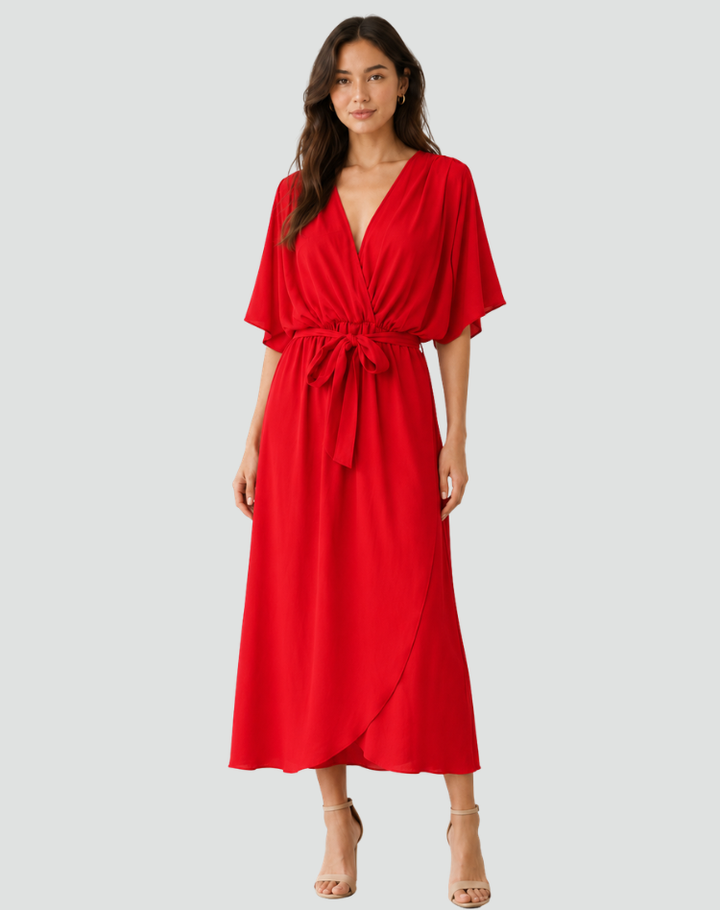 Flowy midi gala dress with a wrap neckline and tie
