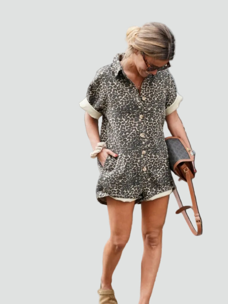 Summer leopard print jumpsuit with short sleeves for women