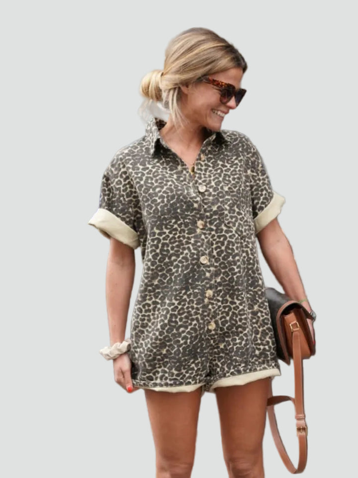 Summer leopard print jumpsuit with short sleeves for women