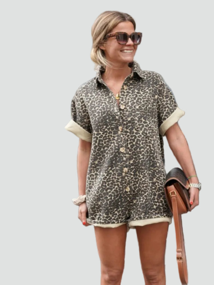 Summer leopard print jumpsuit with short sleeves for women