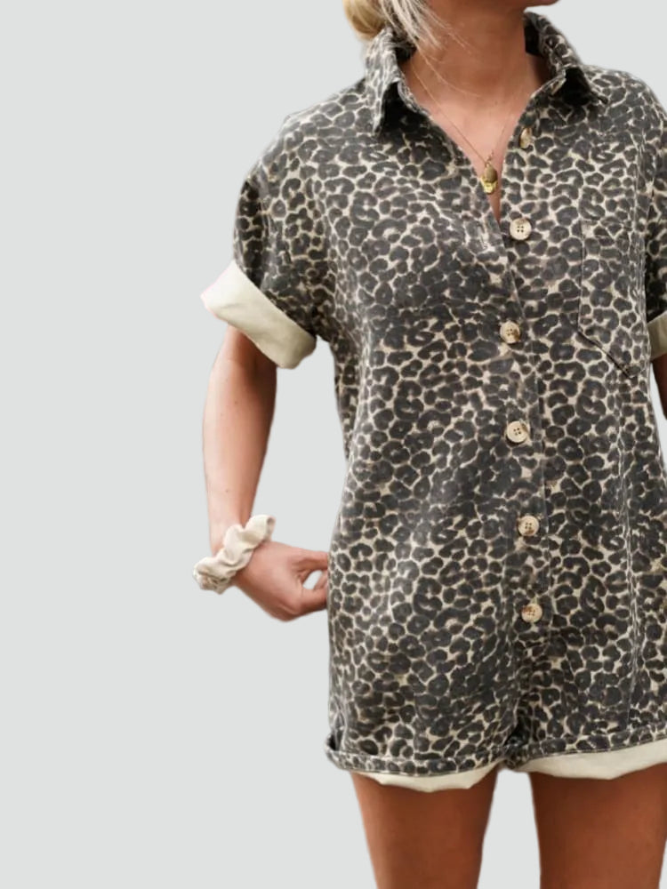 Summer leopard print jumpsuit with short sleeves for women