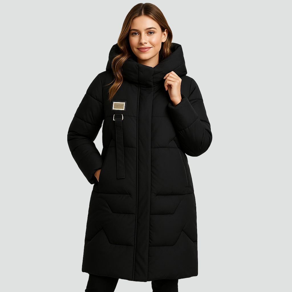 Długa damska kurtka puffer pikowana z kapturem i dużymi kieszeniami