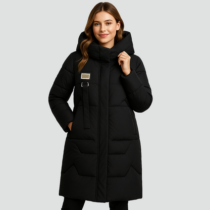 Długa damska kurtka puffer pikowana z kapturem i dużymi kieszeniami