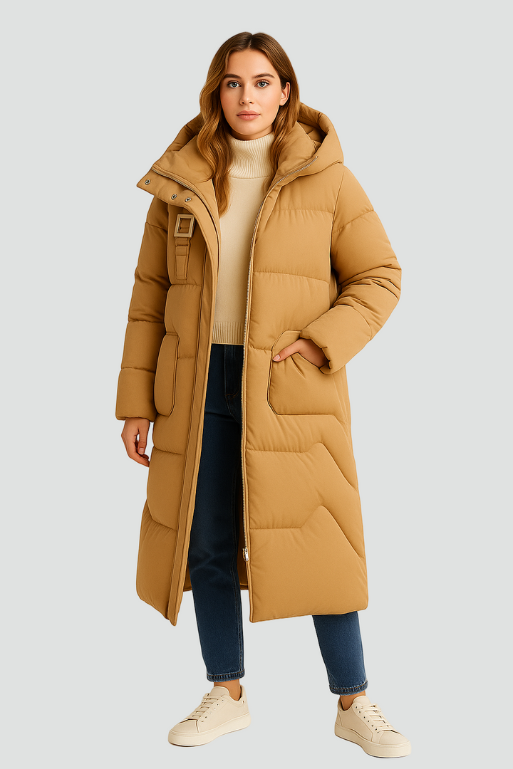 Długa damska kurtka puffer pikowana z kapturem i dużymi kieszeniami