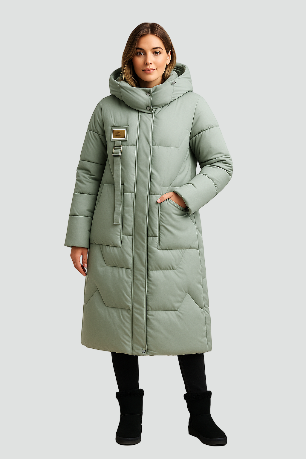 Długa damska kurtka puffer pikowana z kapturem i dużymi kieszeniami