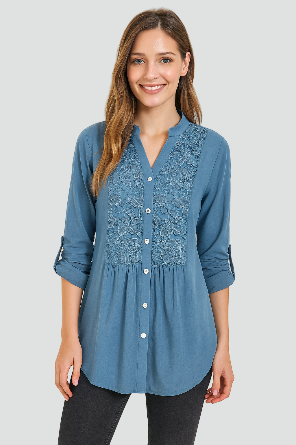 Długa koszula tunika damska z koronkowym panelem