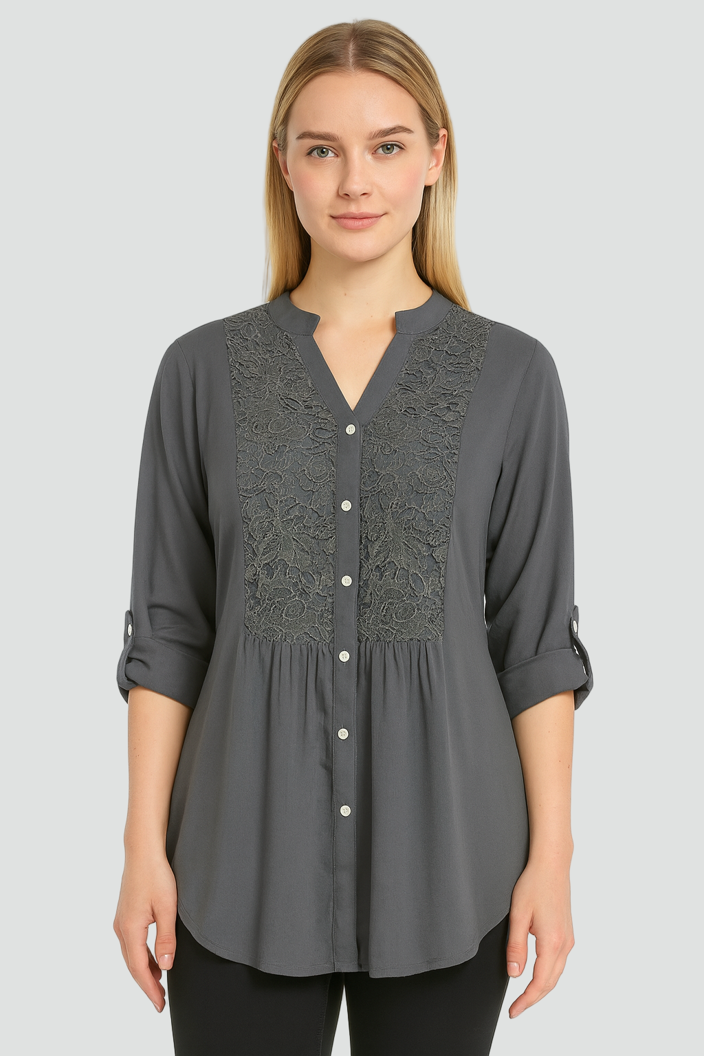 Długa koszula tunika damska z koronkowym panelem