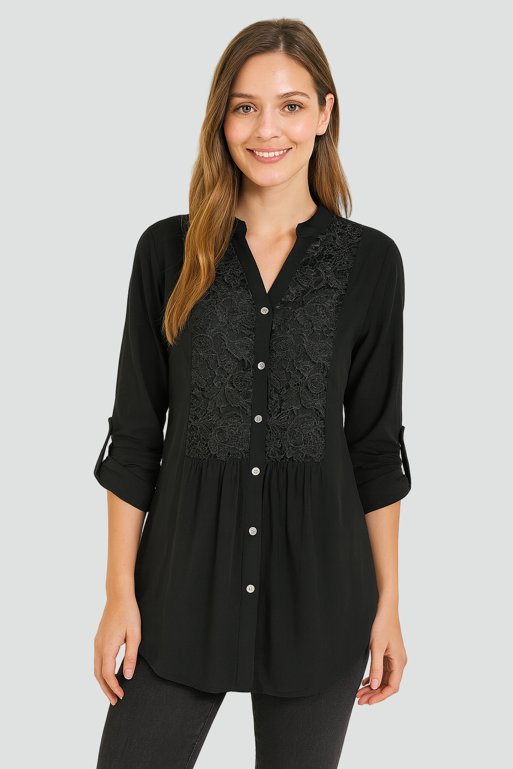 Długa koszula tunika damska z koronkowym panelem