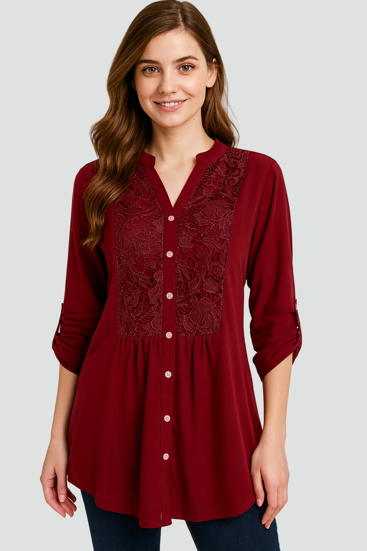 Długa koszula tunika damska z koronkowym panelem