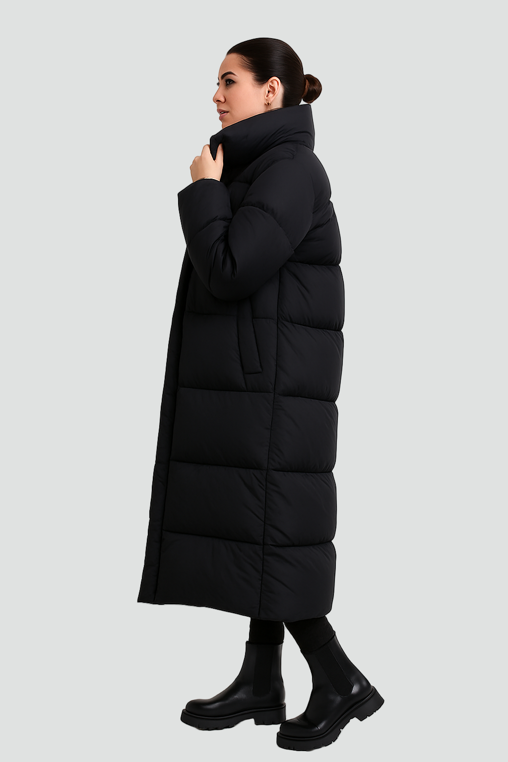 Długa pikowana damska puchowa kurtka zimowa z kapturem