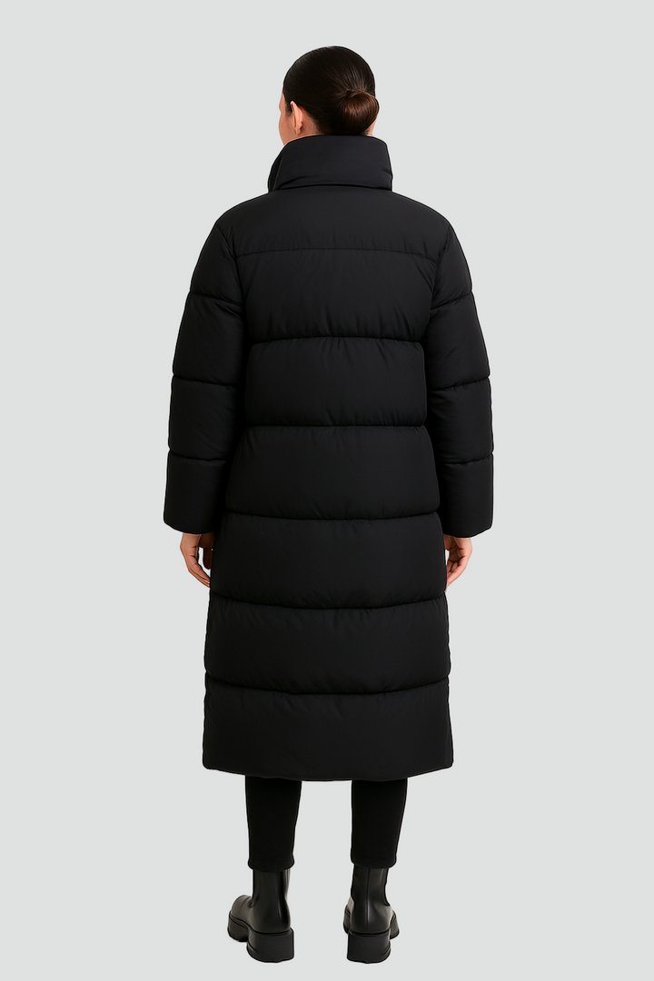 Długa pikowana damska puchowa kurtka zimowa z kapturem