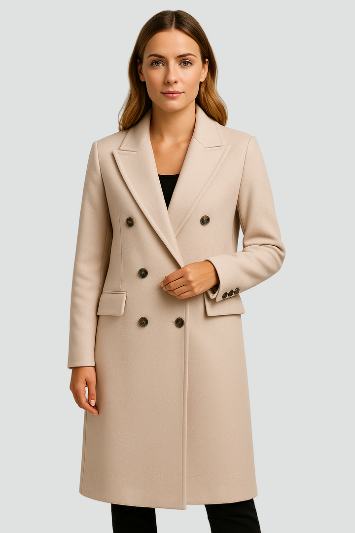 Długi dwurzędowy płaszcz damski z wełny z klapami i taliowanym krojem