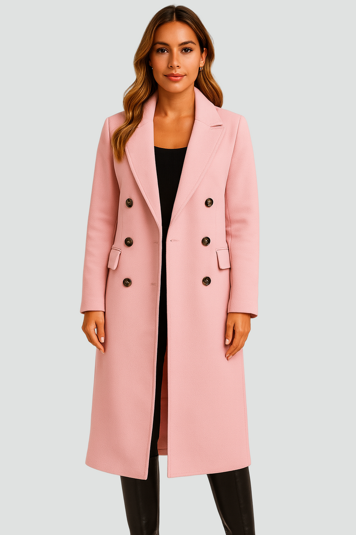Długi dwurzędowy płaszcz damski z wełny z klapami i taliowanym krojem