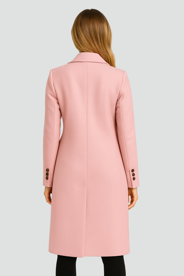 Długi dwurzędowy płaszcz damski z wełny z klapami i taliowanym krojem