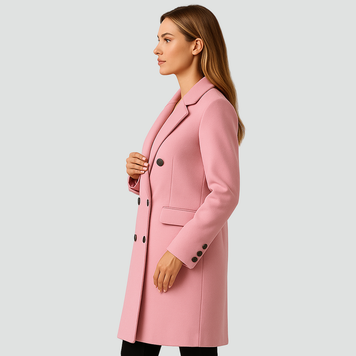 Długi dwurzędowy płaszcz damski z wełny z klapami i taliowanym krojem