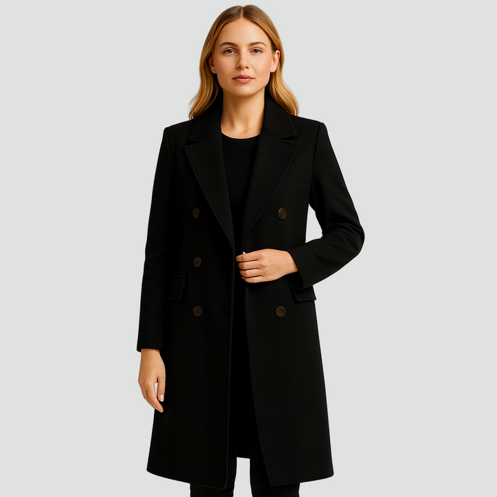 Długi dwurzędowy płaszcz damski z wełny z klapami i taliowanym krojem
