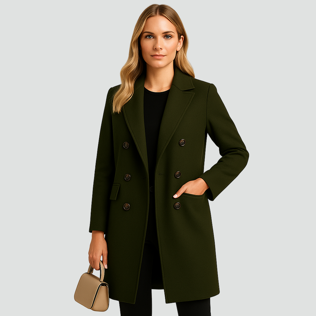 Długi dwurzędowy płaszcz damski z wełny z klapami i taliowanym krojem