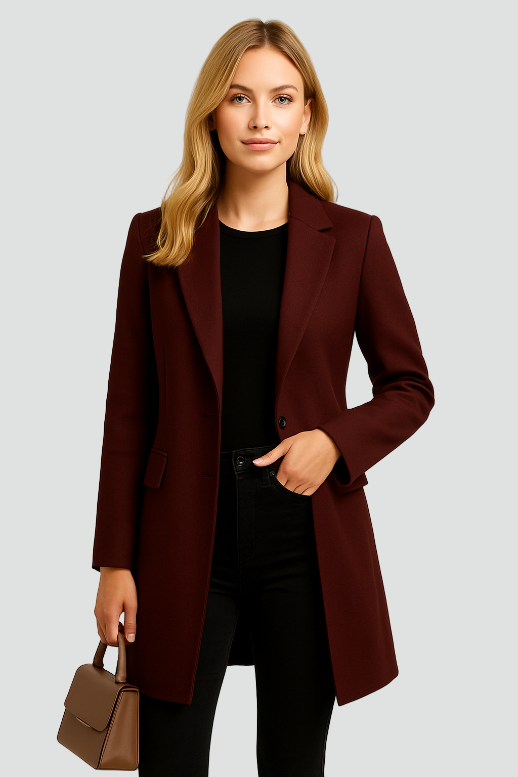 Długi jednorzędowy płaszcz wełniany damski elegancki