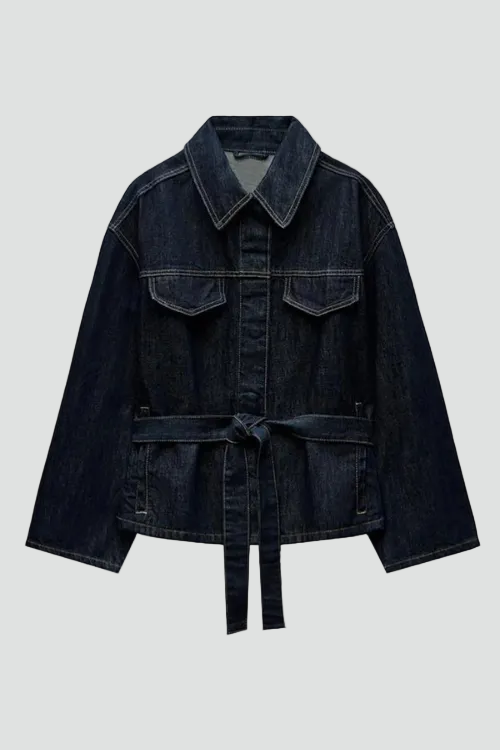 Women's denim set with a tie-front jacket and wide-leg pants