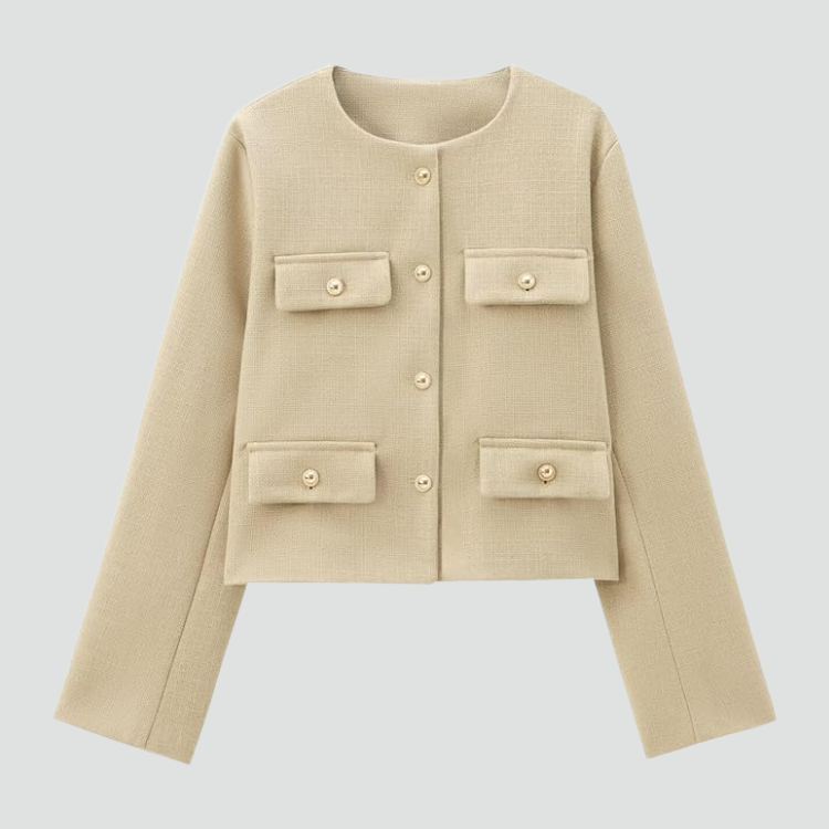 Korte blazer zonder kraag met gouden knopen