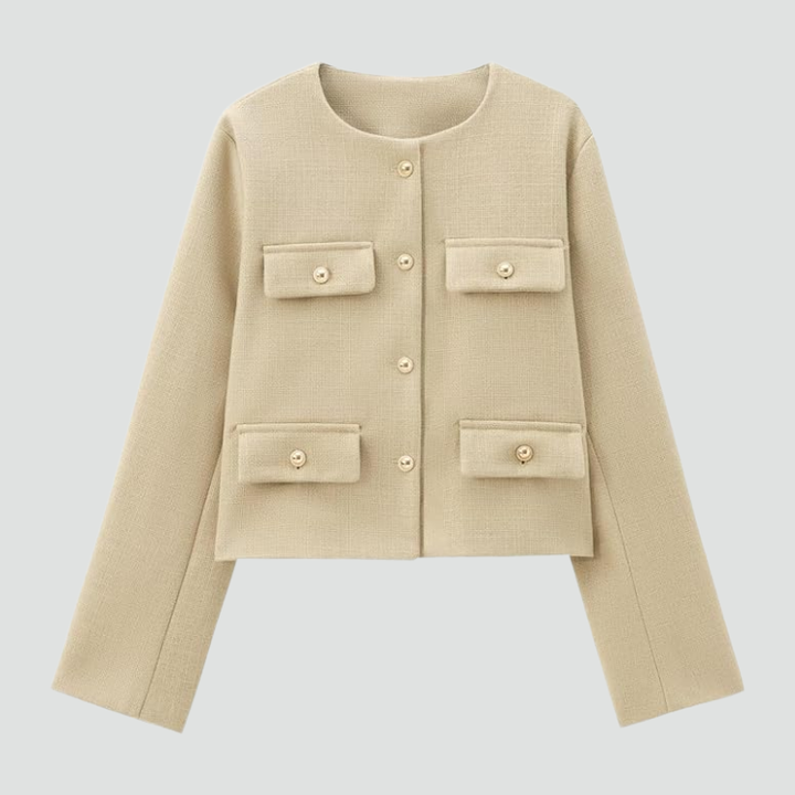 Korte blazer zonder kraag met gouden knopen