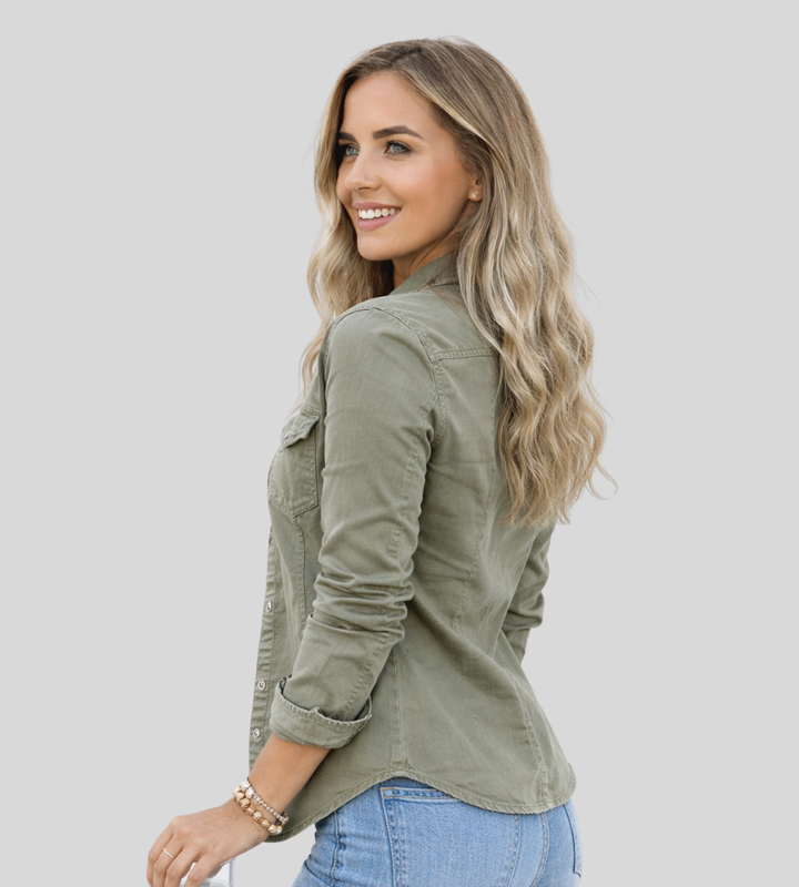 Damska casualowa koszula utility z kieszeniami i zatrzaskami