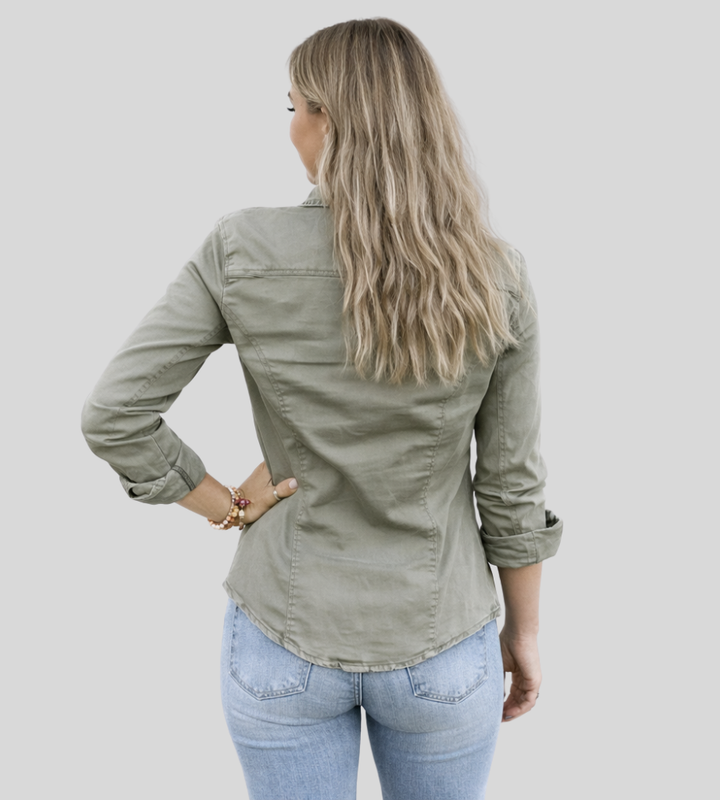 Damska casualowa koszula utility z kieszeniami i zatrzaskami