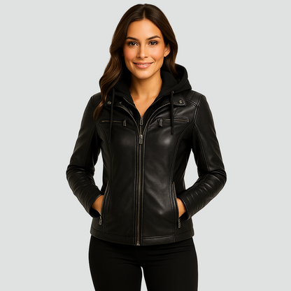 Damska kurtka biker ze skóry ekologicznej z kapturem i kieszeniami na zamek