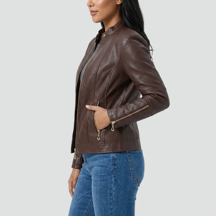 Women's biker jacket made of eco-friendly leather with zipper and stand-up collar