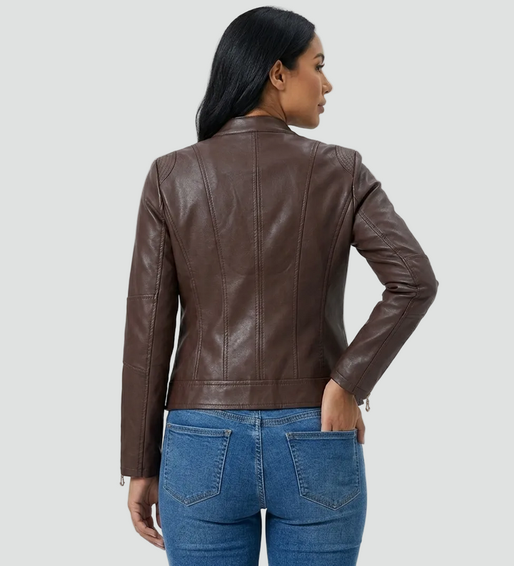 Women's biker jacket made of eco-friendly leather with zipper and stand-up collar
