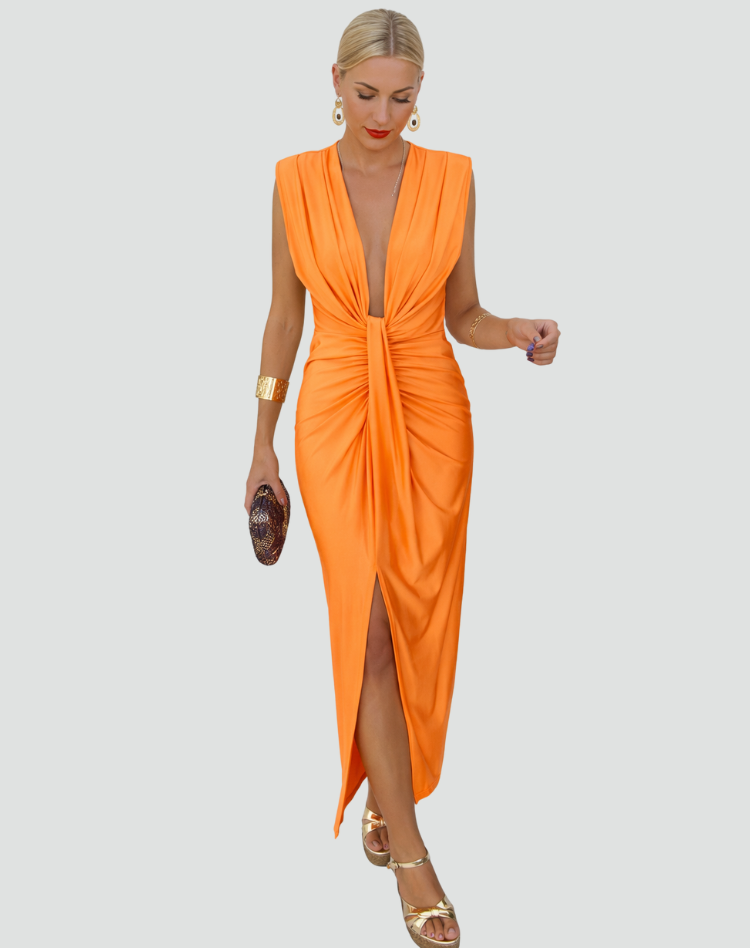 Damska sukienka maxi gala z głębokim dekoltem i rozcięciem z przodu