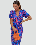 Women's midi cocktail dress with puff sleeves and V-neckline