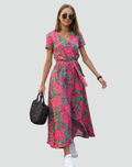 Women's wrap midi summer dress with belt and V-neckline