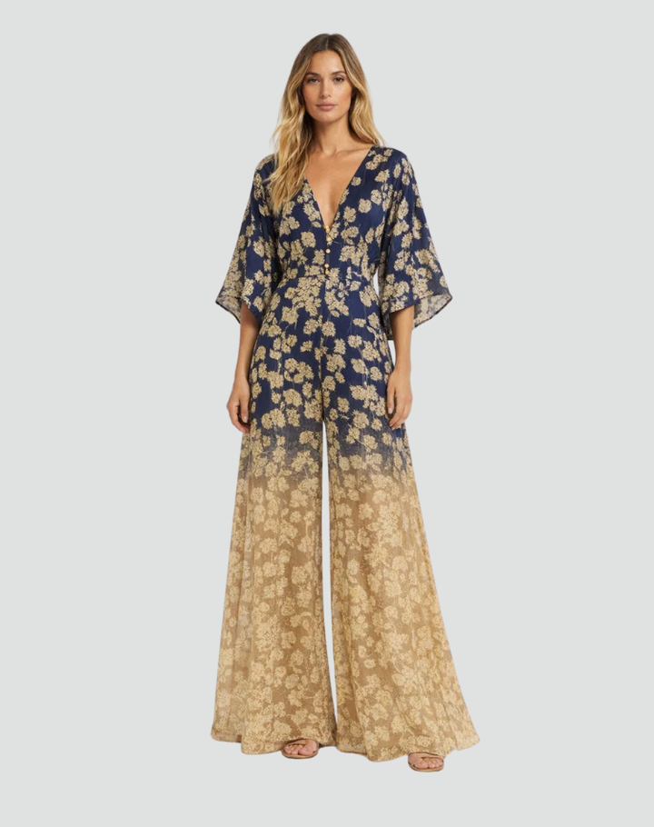 Women's Boho Jumpsuit with Wide Legs and V-Neckline