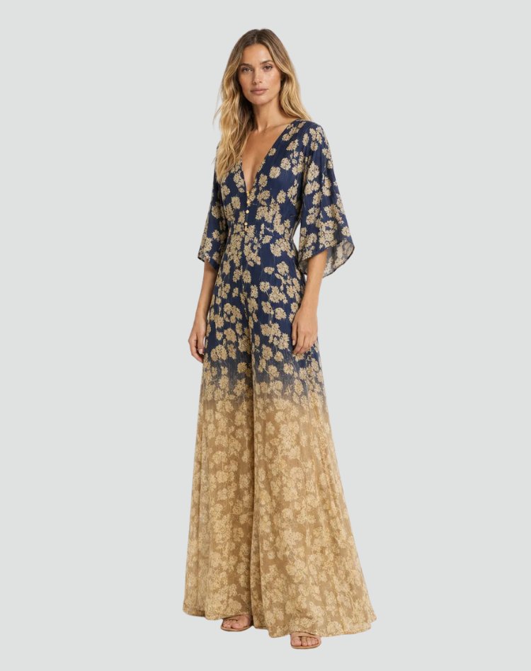 Women's Boho Jumpsuit with Wide Legs and V-Neckline