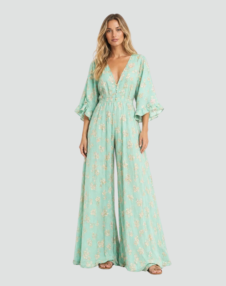 Women's Boho Jumpsuit with Wide Legs and V-Neckline