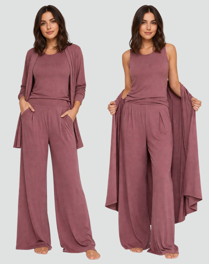 Ensemble femme 3 pièces avec cardigan et pantalon large