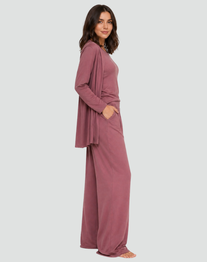 Ensemble femme 3 pièces avec cardigan et pantalon large